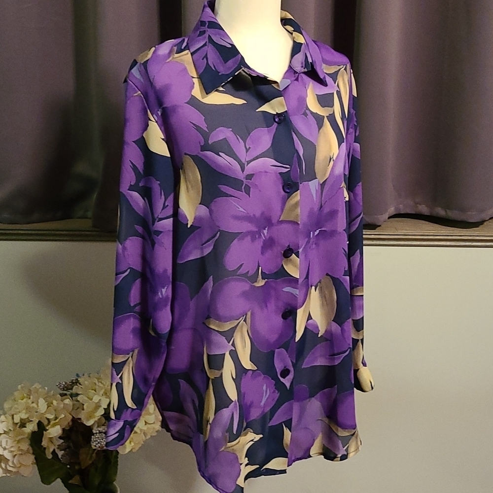 Susan Graver Floral Button Down Blouse - Medium